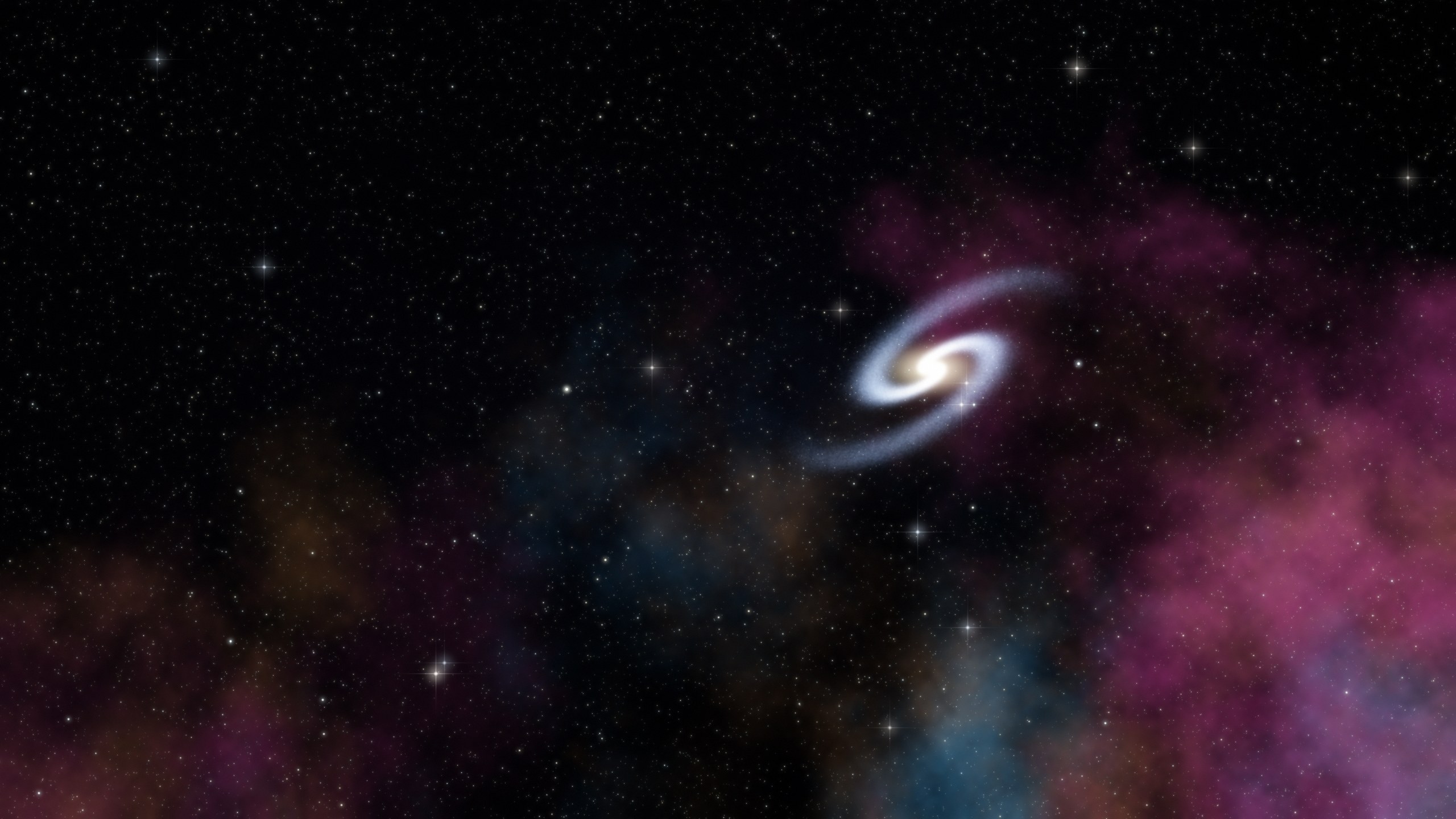 Eine Spiralgalaxie zwischen Sternen und Nebelwolken